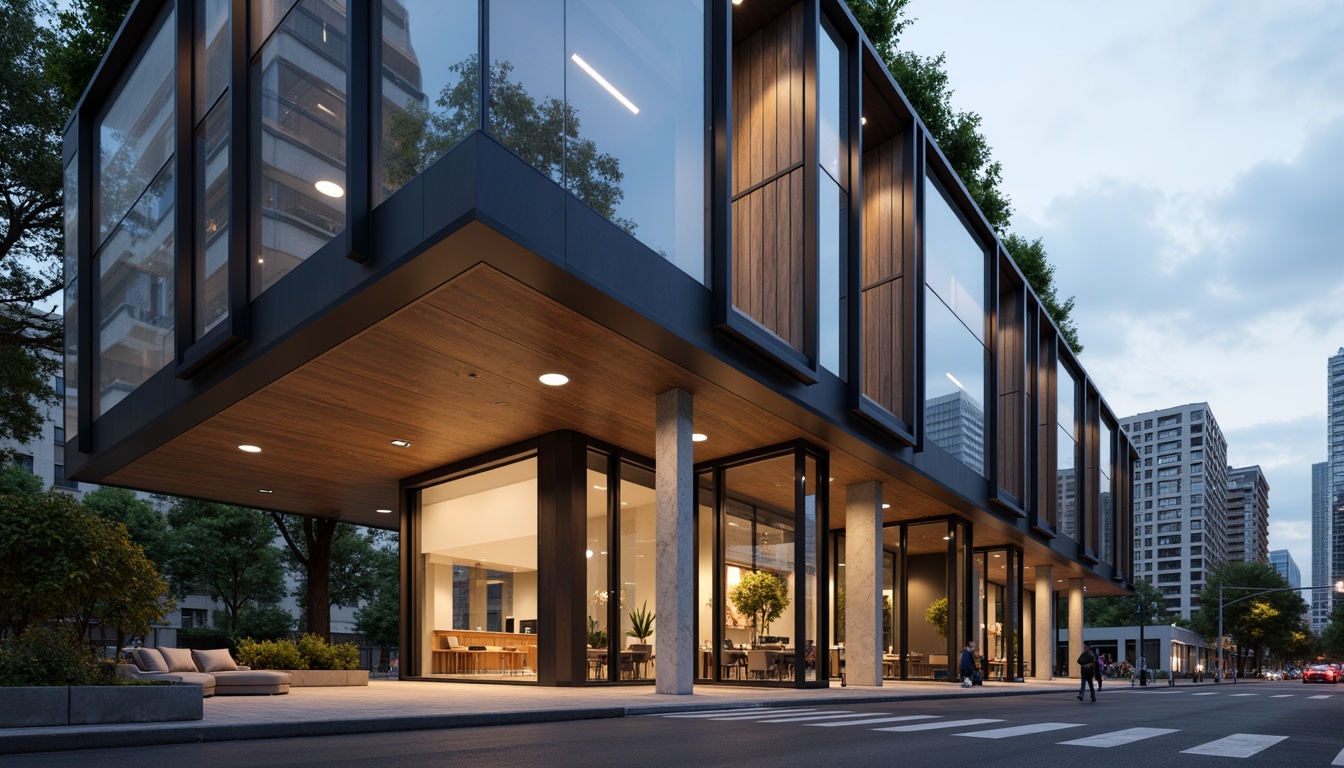 Prompt: Modern building facade, sleek glass surfaces, metallic frames, polished concrete walls, wooden accents, industrial pipes, exposed ductwork, minimalist decor, urban cityscape, busy streets, contemporary streetlights, cloudy sky, soft diffused lighting, shallow depth of field, 1/2 composition, realistic reflections, ambient occlusion, detailed normal maps.