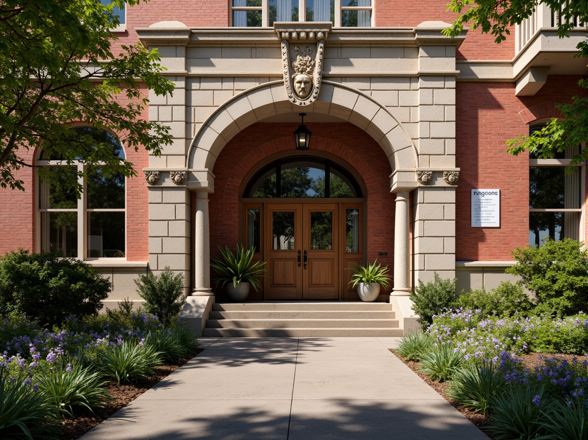 Prompt: Rustic high school facade, Romanesque arches, ornate stone carvings, vibrant brick tones, grand entrance doors, intricate wrought iron gates, classical columns, sculpted gargoyles, lush greenery, blooming flowers, sunny day, soft warm lighting, shallow depth of field, 3/4 composition, panoramic view, realistic textures, ambient occlusion, historic architectural elements, educational signage, ornate balconies, decorative cornices, weathered stone walls.