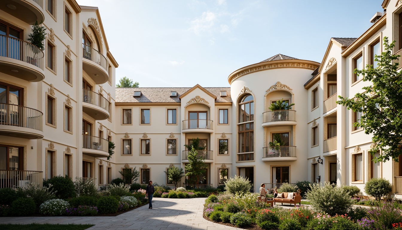 Prompt: Elegant residential building, symmetrical facade, ornate details, creamy white walls, rich wood accents, subtle golden ornaments, soft beige stonework, pitched rooflines, charming balconies, intricate ironwork, lush greenery, blooming flowers, serene courtyard, warm natural lighting, shallow depth of field, 1/1 composition, realistic textures, ambient occlusion.