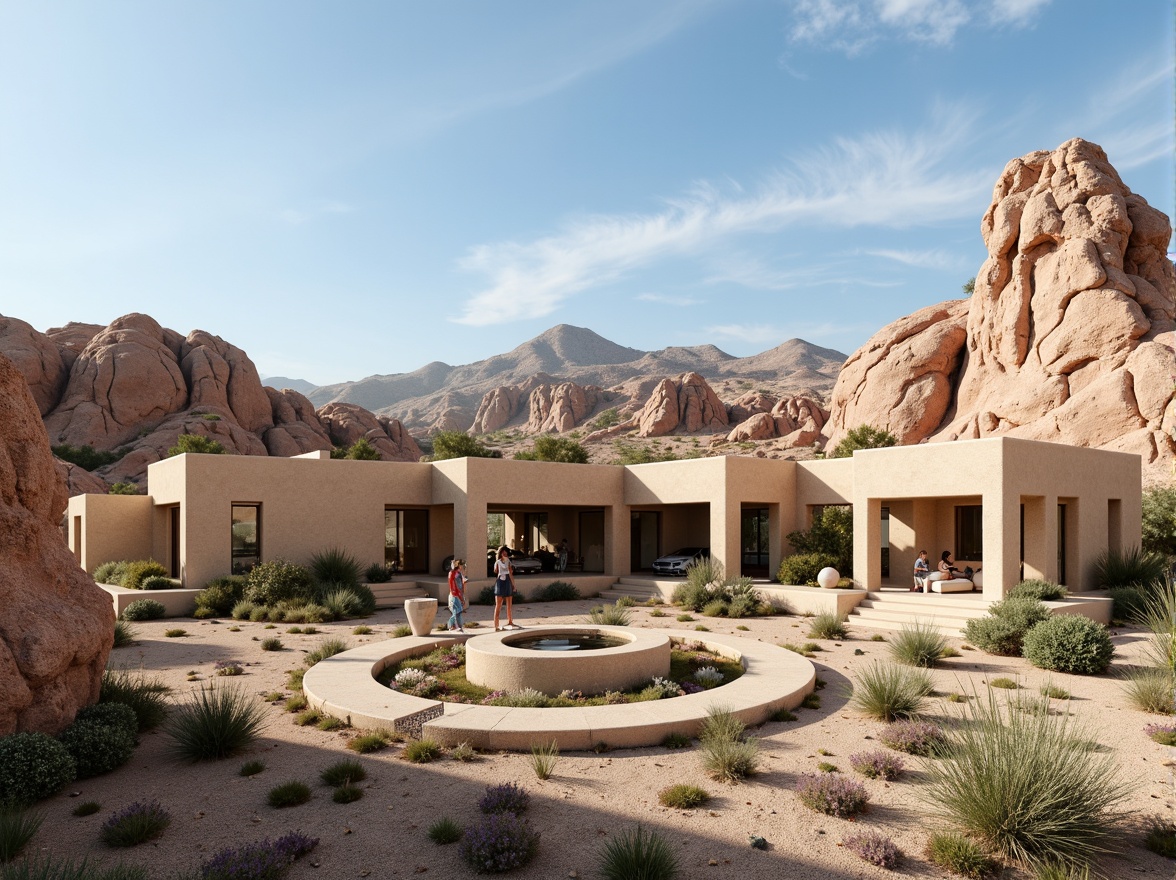 Prompt: Rustic canyon homes, sandstone fa\u00e7ade, natural earthy tones, weathered textures, rough-hewn blocks, warm beige colors, organic architecture, curved lines, desert landscape, arid climate, cacti plants, rocky outcroppings, vast open spaces, clear blue skies, warm sunny days, soft diffused lighting, shallow depth of field, 3/4 composition, panoramic view, realistic rock formations, ambient occlusion.