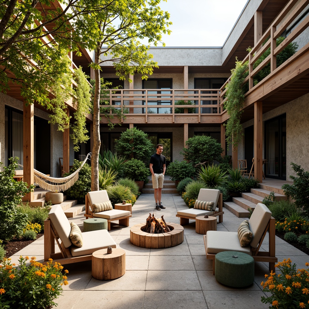 Prompt: Cozy hostel courtyard, lush greenery, vibrant flowers, wooden benches, string lights, hammocks, outdoor fire pit, rustic stone walls, modern minimalist furniture, natural textiles, earthy color palette, warm sunny day, soft warm lighting, shallow depth of field, 3/4 composition, panoramic view, realistic textures, ambient occlusion.