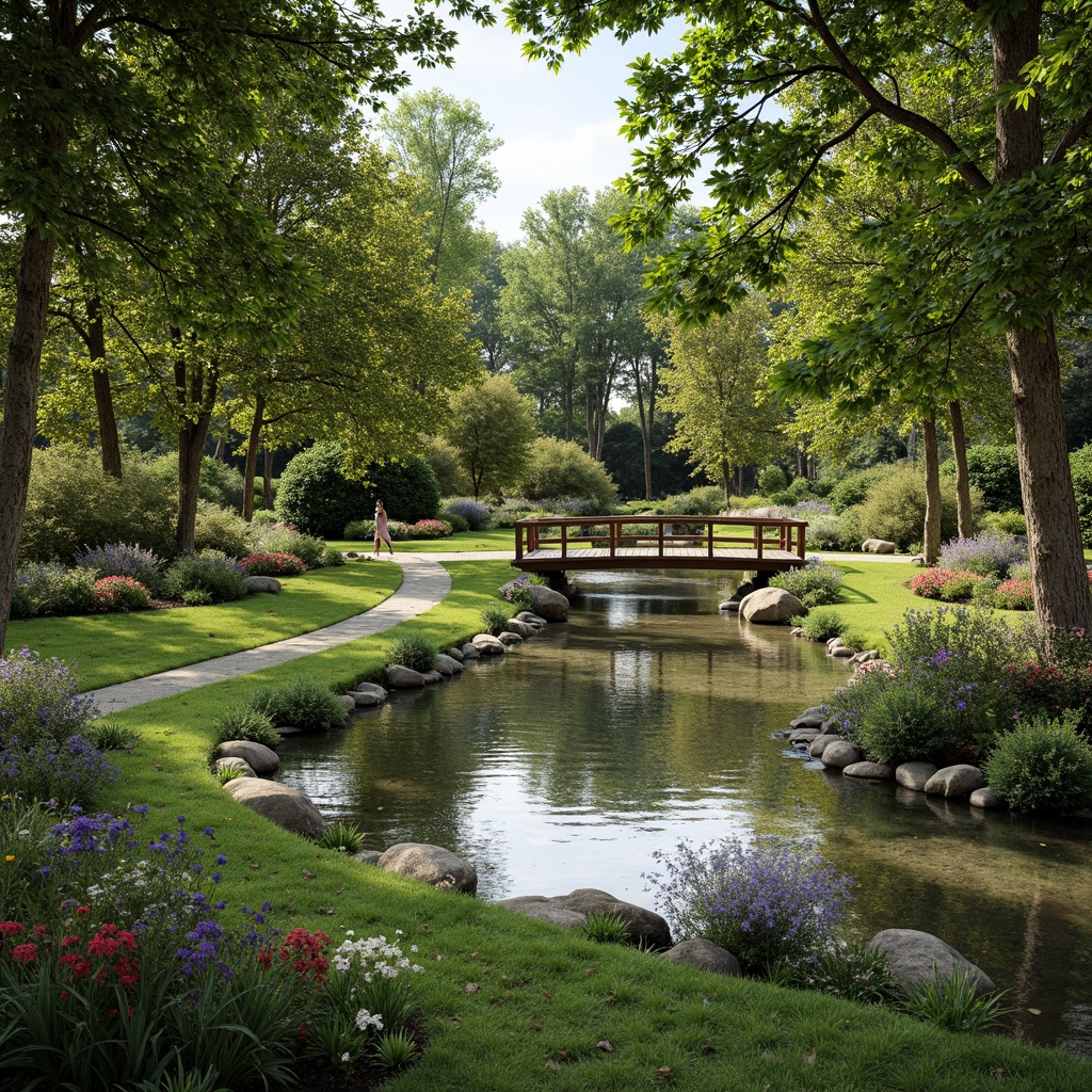 Prompt: Soothing natural landscape, serene water features, lush greenery, vibrant flowers, meandering pathways, rustic wooden bridges, tranquil ponds, gentle streams, soft grassy lawns, mature trees, colorful blooming gardens, peaceful ambiance, warm sunny day, shallow depth of field, 1/2 composition, realistic textures, ambient occlusion, natural stone materials, earthy color palette, organic shapes, flowing curves, harmonious balance.