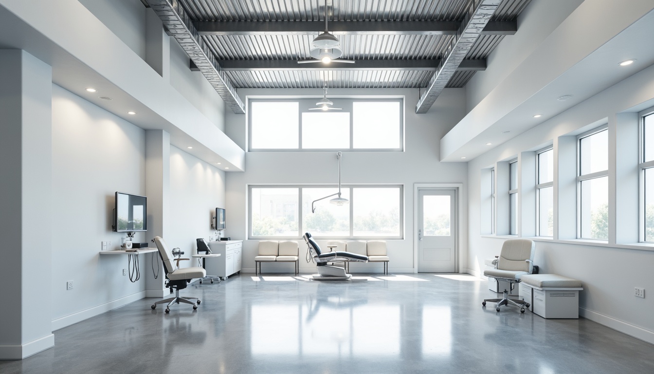 Prompt: Minimalist clinic interior, abundant natural light, large skylights, rectangular windows, white walls, polished concrete floors, industrial metal beams, sleek medical equipment, sterile environments, geometric shapes, clean lines, functional layout, ample ventilation systems, airy atmosphere, soft diffused lighting, subtle shadows, 1/1 composition, realistic textures, ambient occlusion.