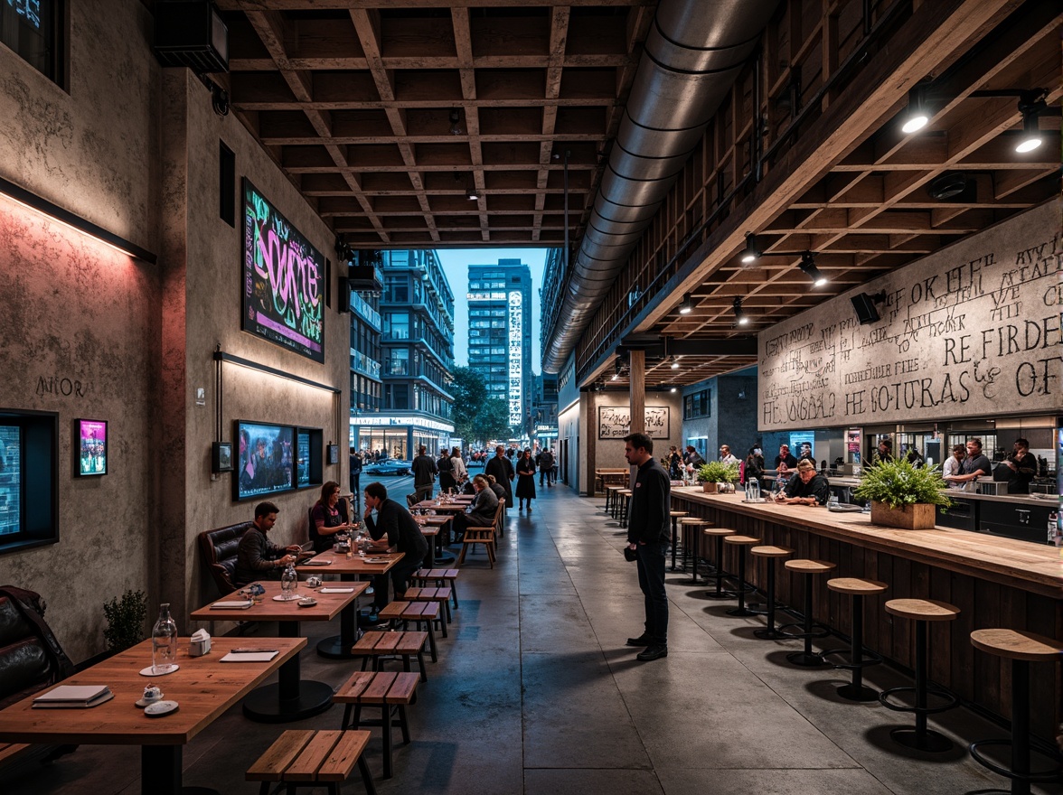 Prompt: Exposed concrete walls, industrial metal beams, raw wood accents, distressed finishes, brutalist architecture, urban cityscape, busy street life, vibrant neon lights, graffiti murals, eclectic signage, rugged stone flooring, metallic ductwork, utilitarian decor, functional minimalism, monochromatic color scheme, bold typography, dramatic shadowing, high-contrast lighting, cinematic composition, gritty textures, realistic rendering.