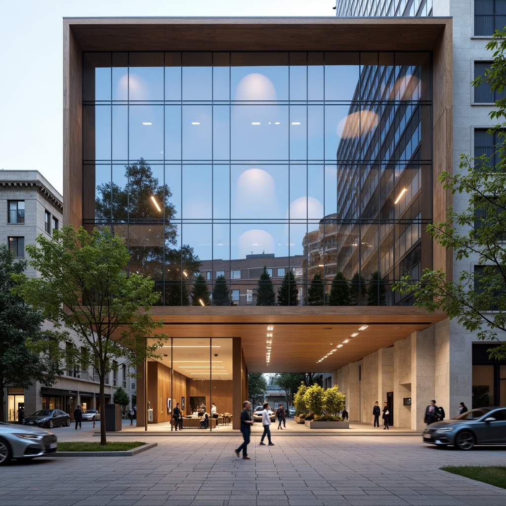 Prompt: Modern academic bank building, sleek glass fa\u00e7ade, neutral beige tones, rich wood accents, sophisticated dark blues, professional whites, subtle metallic sheens, natural stone columns, minimalist interior design, ample natural light, soft warm ambiance, shallow depth of field, 3/4 composition, realistic textures, ambient occlusion.