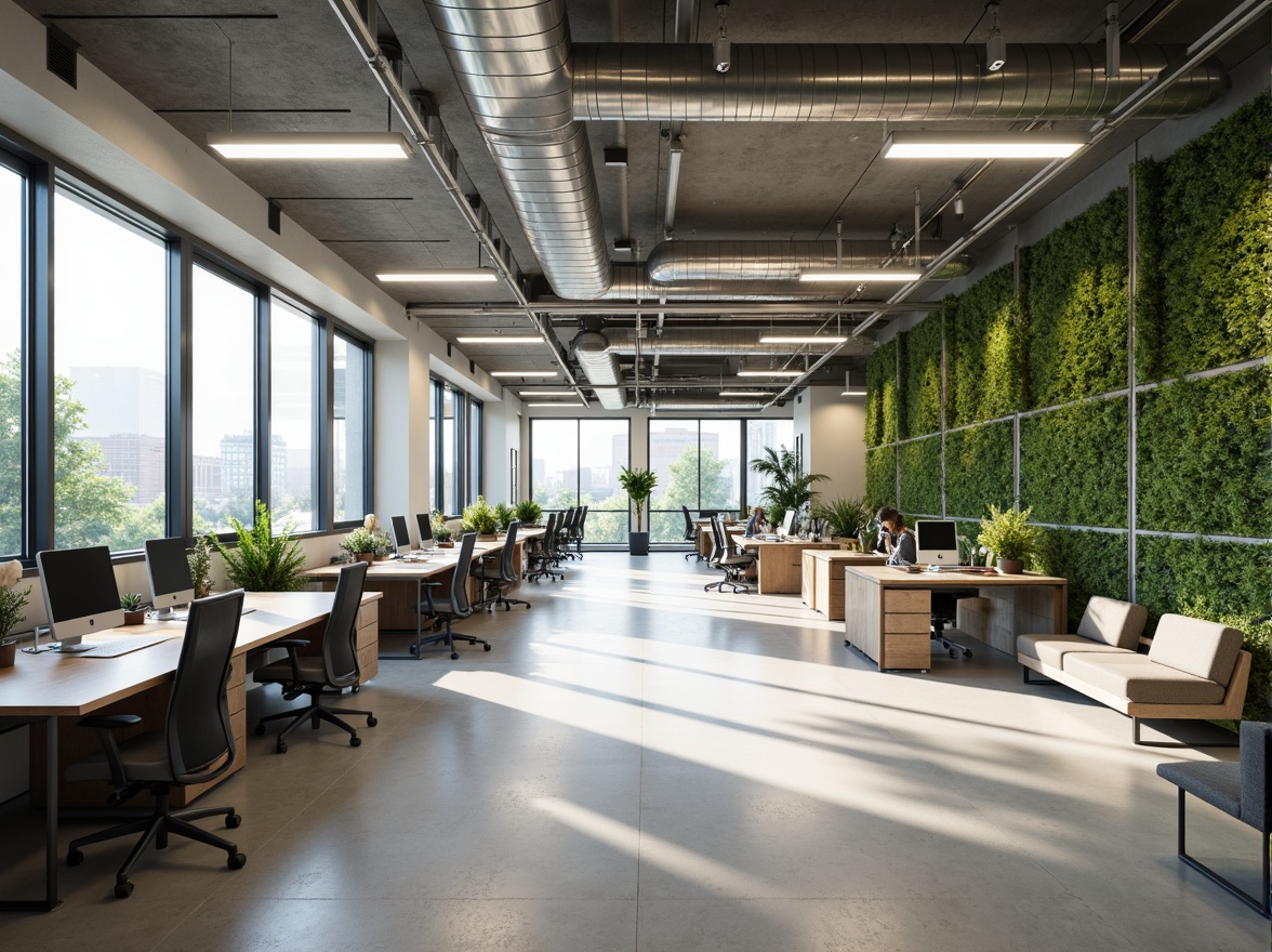 Prompt: Optimized office layout, minimalistic desks, ergonomic chairs, green walls, natural light, open floor plan, collaborative workspaces, acoustic ceilings, modular furniture, sleek metal frames, recycled materials, energy-efficient lighting, minimalist decor, calm atmosphere, shallow depth of field, 1/1 composition, panoramic view, realistic textures, ambient occlusion.