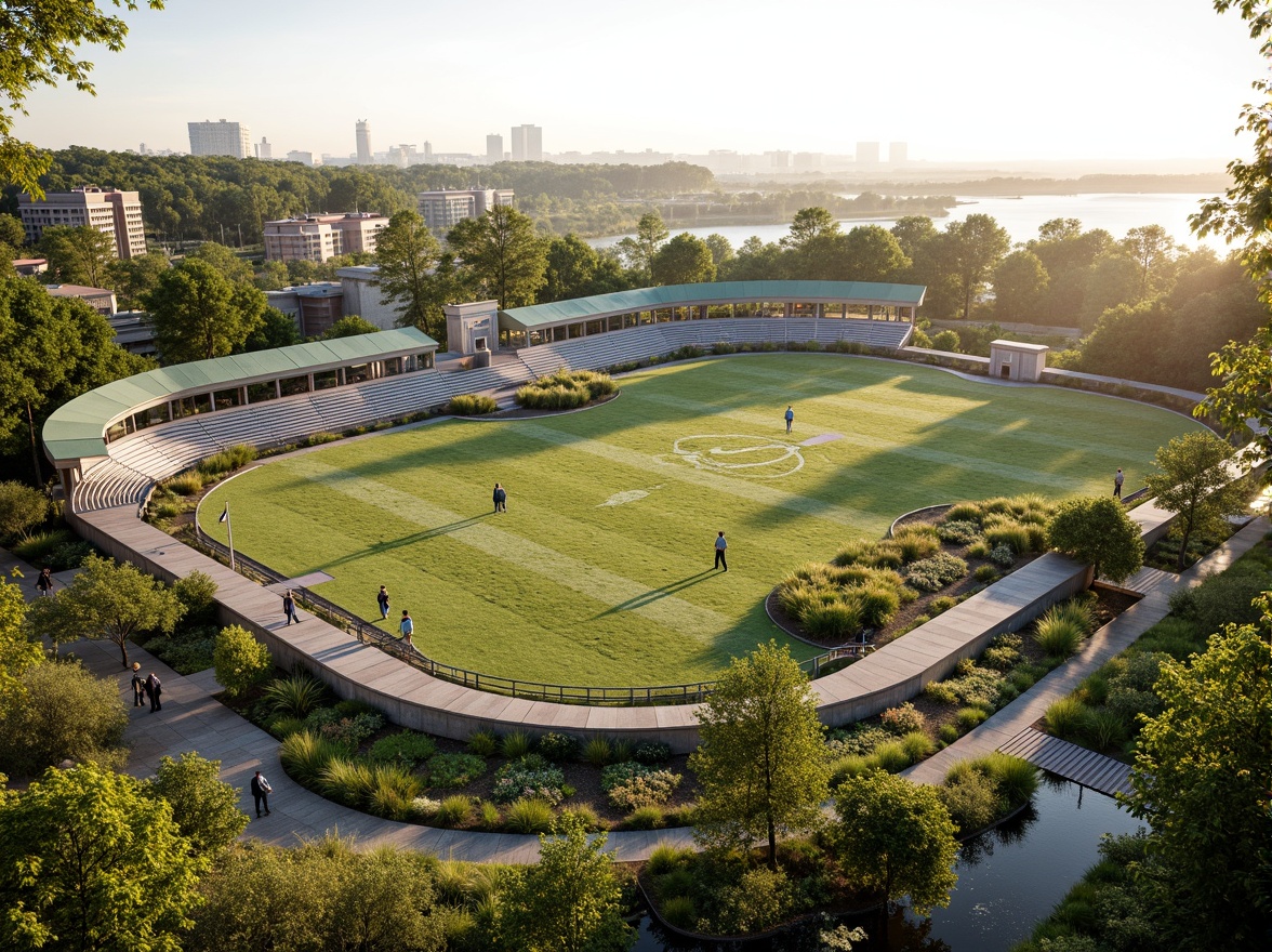 Prompt: Ecological stadium, curved lines, green roofs, native vegetation, wildlife habitats, wetland integration, natural flood control, water purification systems, recycled materials, minimal carbon footprint, scenic overlooks, boardwalk trails, bird-watching decks, educational signage, interpretive exhibits, sunny day, soft warm lighting, shallow depth of field, 1/2 composition, panoramic view, realistic textures, ambient occlusion.