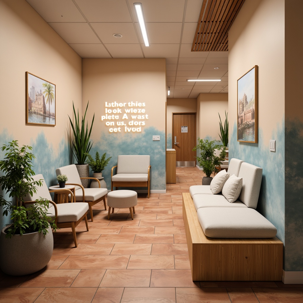 Prompt: Calming medical clinic, soothing pastel colors, gentle beige walls, soft peach accents, serene blue undertones, natural wood furnishings, earthy terracotta flooring, warm task lighting, cozy waiting area, comfortable seating, lush green plants, calming water features, minimalist decor, clean lines, modern equipment, sterile surfaces, bright LED signage, crisp white coats, professional staff attire, gentle color transitions, harmonious atmosphere, 1/2 composition, soft focus, realistic textures.