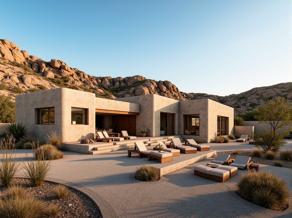 Prompt: Rustic canyon homes, sandstone exterior walls, earthy color palette, natural textures, organic forms, desert landscape, rocky outcrops, cacti plants, warm sunny day, clear blue sky, vast open space, modern rustic architecture, clean lines, minimalist design, large windows, sliding glass doors, wooden accents, cozy interior spaces, ambient lighting, soft shadows, 1/1 composition, realistic textures, subtle color grading.