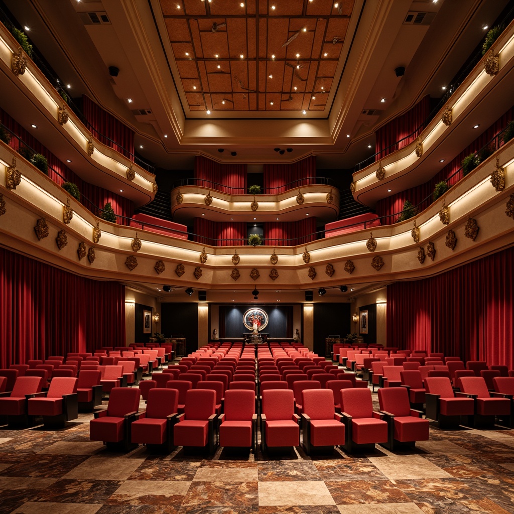 Prompt: Vibrant auditorium, rich wood tones, deep crimson seats, golden lighting fixtures, polished marble floors, lavish velvet curtains, ornate metal details, dramatic stage lighting, warm beige walls, plush carpeting, sophisticated acoustic panels, modern sound systems, sleek black trim, bold red accents, intimate atmosphere, soft warm glow, shallow depth of field, 1/1 composition, realistic textures, ambient occlusion.