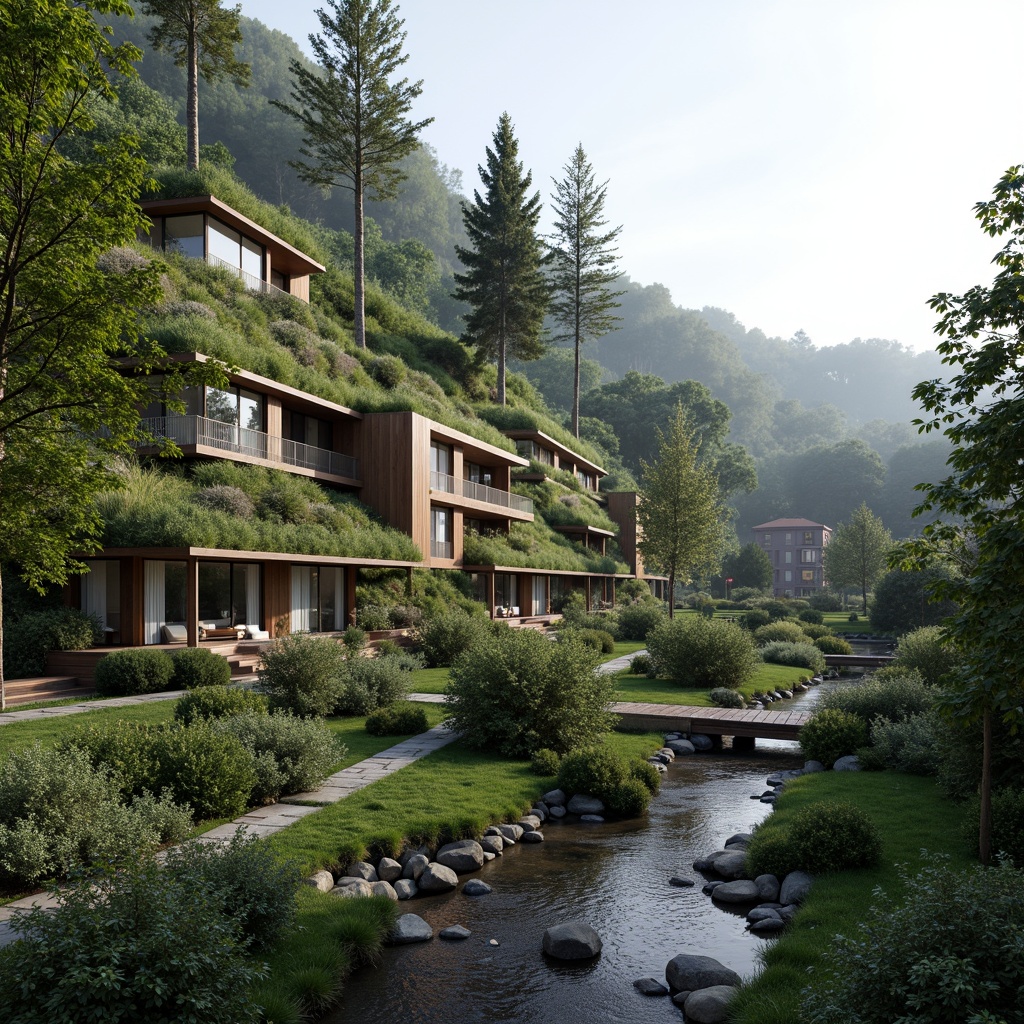 Prompt: Seamless hillside integration, modern eco-homes, green roofs, living walls, natural stone foundations, wooden accents, large windows, sliding glass doors, panoramic views, surrounding forest, lush foliage, native plants, winding trails, rustic wooden bridges, serene water features, gentle streams, soft misty lighting, 3/4 composition, symmetrical balance, realistic textures, ambient occlusion.