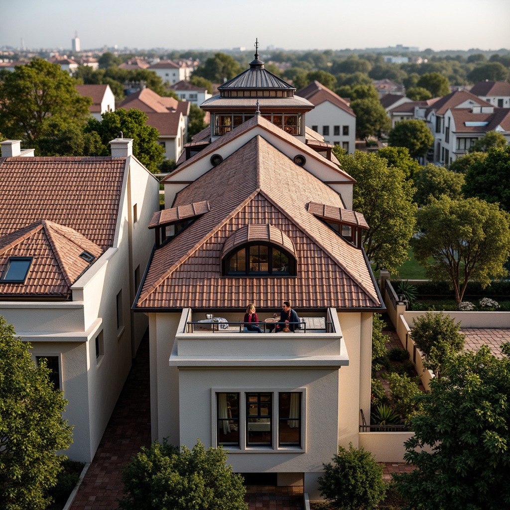 Prompt: Majestic roofscape, ornate dormer windows, curved tile roofs, terracotta shingles, grand mansard roofs, symmetrical facades, classical pediments, ornate eaves, decorative trusses, luxurious villas, elegant townhouses, upscale residential areas, serene suburban landscapes, mature trees, blooming gardens, warm sunny day, soft natural lighting, 1/2 composition, shallow depth of field, realistic textures, ambient occlusion.