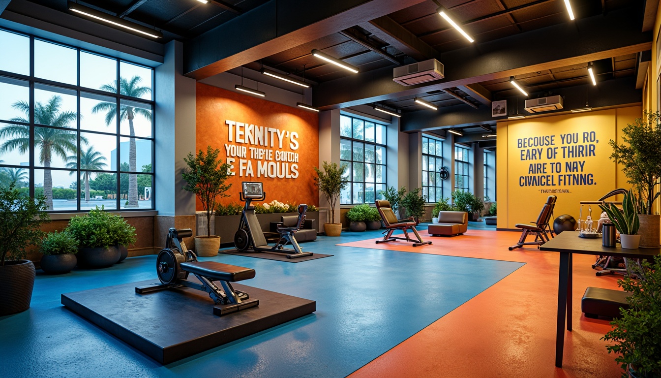 Prompt: Vibrant fitness studio, energetic atmosphere, bold color scheme, motivational quotes, sleek exercise equipment, polished metal accents, rubber flooring, calming natural light, large mirrors, inspirational wall art, fresh greenery, revitalizing aromas, uplifting background music, dynamic lighting effects, high-contrast color palette, electric blue tones, fiery orange hues, invigorating yellow shades, neutral beige backgrounds, 3D texture overlays, realistic reflections, ambient occlusion, shallow depth of field, 1/1 composition, panoramic view.