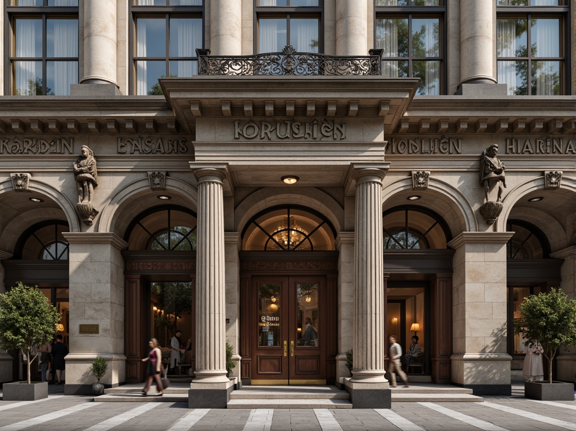 Prompt: Elegant bank facade, neoclassical architecture, grand entrance, ornate columns, symmetrical composition, rusticated base, arched windows, decorative cornices, intricately carved details, richly textured stone walls, subtle color palette, muted earth tones, academic-inspired design elements, traditional banking motifs, refined metalwork, sophisticated lighting fixtures, subtle shading, 1/2 composition, realistic material textures, ambient occlusion.