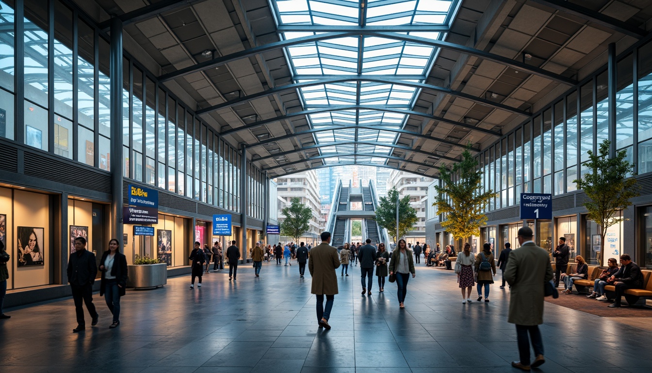 Prompt: Efficient transportation hub, busy pedestrian flow, modern glass roofs, sleek metal columns, vibrant LED lighting, dynamic escalators, spacious waiting areas, comfortable seating, clear signage, intuitive navigation, natural stone floors, urban cityscape, morning rush hour, soft warm lighting, shallow depth of field, 3/4 composition, panoramic view, realistic textures, ambient occlusion.