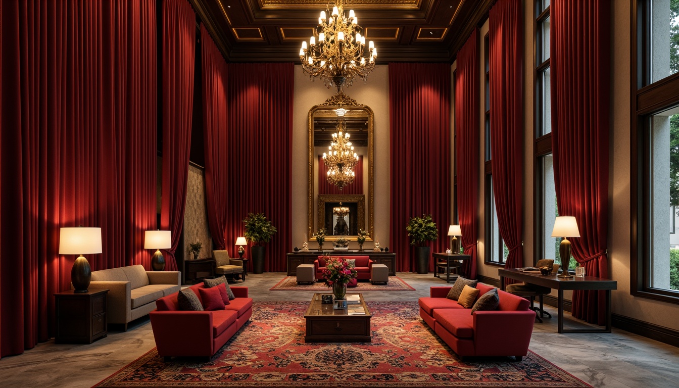 Prompt: Rich velvet drapes, dark wood accents, warm golden lighting, plush red seating, ornate metal fixtures, intricate patterned rugs, sophisticated neutral walls, luxurious marble floors, grandiose chandeliers, dramatic high ceilings, ambient soft glow, 1/2 composition, shallow depth of field, cinematic atmosphere, realistic textures, subtle gradient effects.