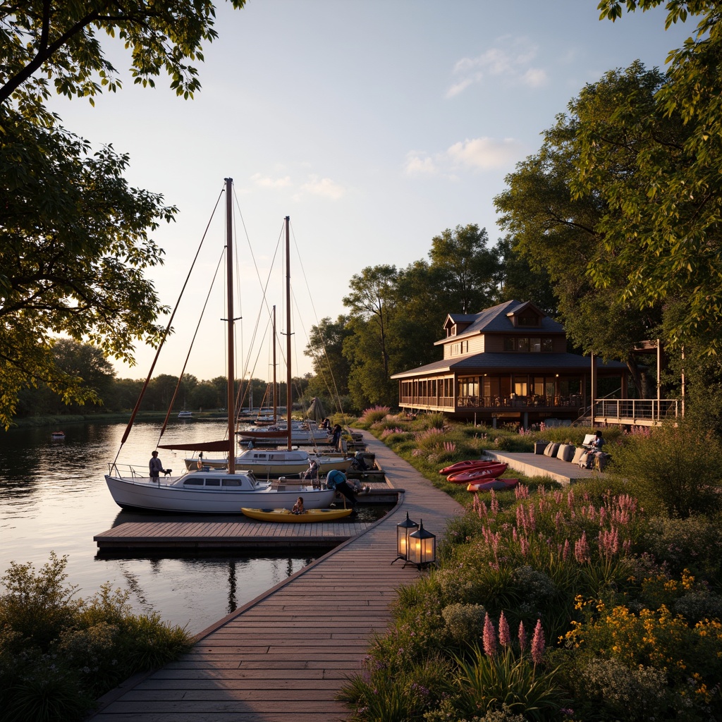 Prompt: Waterfront boathouse, rustic wooden docks, nautical ropes, sailboats, kayaks, paddleboards, lakeside scenery, lush greenery, vibrant flowers, natural stone walkways, wooden decks, outdoor seating areas, lantern-style lighting, warm cozy ambiance, sunset views, soft golden lighting, shallow depth of field, 3/4 composition, panoramic view, realistic textures, ambient occlusion.