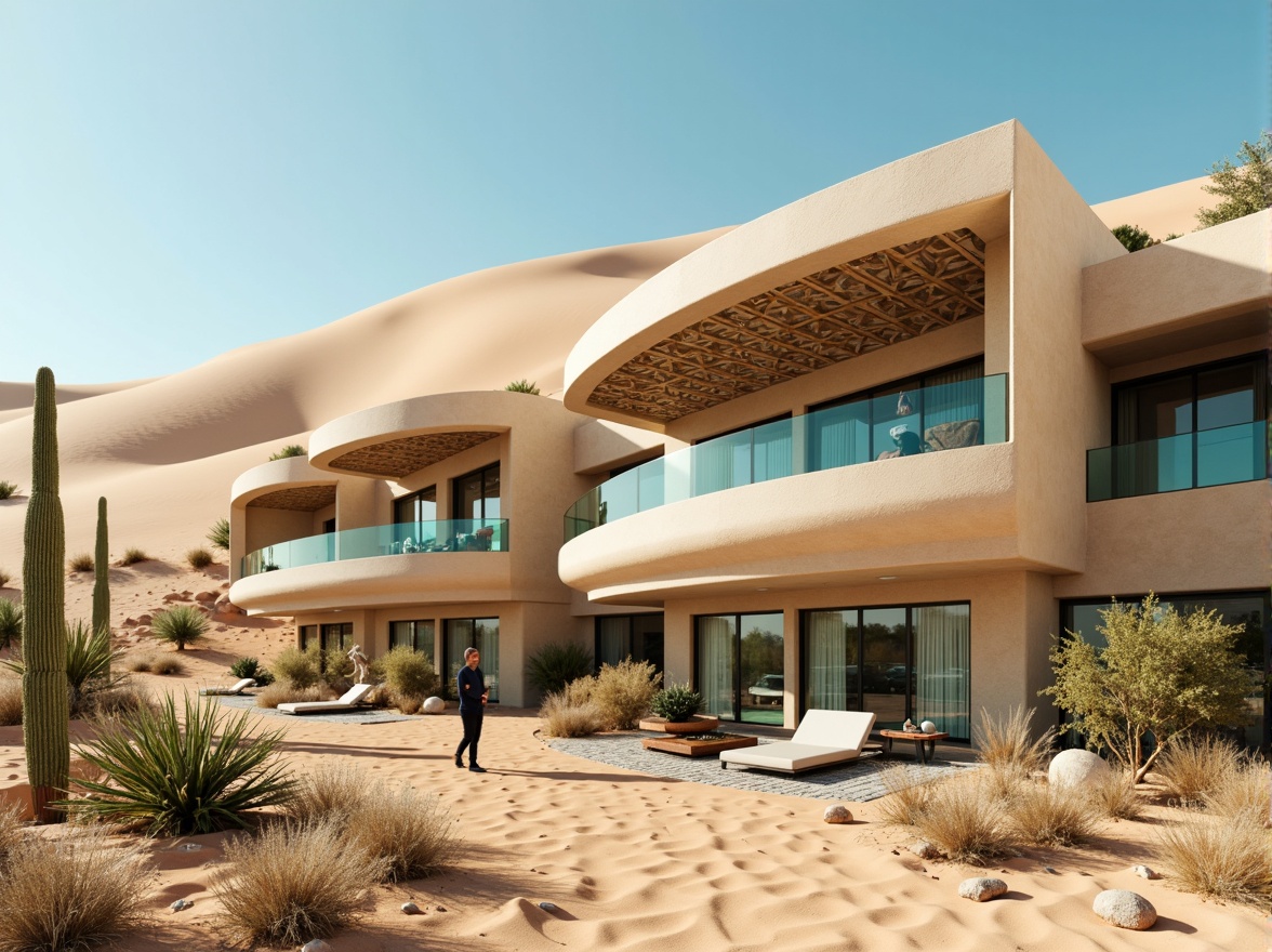 Prompt: Undulating sand dunes, cactus silhouettes, hot arid climate, clear blue sky, vast open desert landscape, curved streamline moderne buildings, rounded futuristic shapes, smooth stucco exteriors, minimalist ornamentation, bold cantilevered roofs, large glazed windows, sliding glass doors, sleek metallic accents, warm beige color palette, intricate geometric patterns, ornate tile work, vibrant turquoise accents, soft warm lighting, shallow depth of field, 3/4 composition, panoramic view, realistic textures, ambient occlusion.