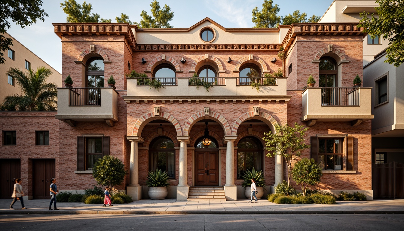 Prompt: Intricate community center, ornate brick facades, grandiose archways, rusticated quoins, decorative pilasters, vibrant colorful glazes, irregularly shaped windows, asymmetrical compositions, richly textured stucco, lavish ornamental details, warm golden lighting, shallow depth of field, 2/3 composition, realistic textures, ambient occlusion.