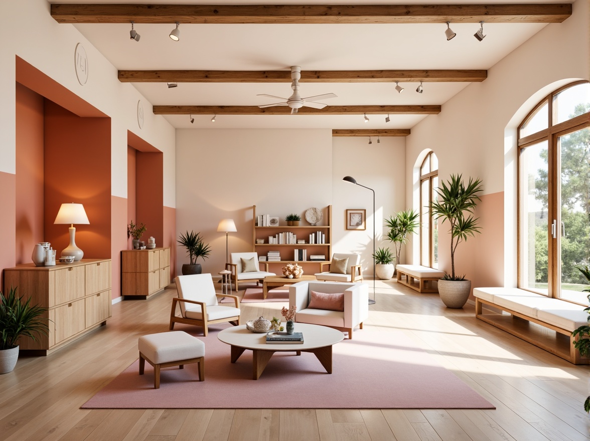 Prompt: Vibrant design studio, modern minimalist interior, bold accent walls, pastel color scheme, soft peach tones, creamy whites, rich wood accents, sleek metal fixtures, natural light pouring in, shallow depth of field, 3/4 composition, warm and inviting atmosphere, realistic textures, ambient occlusion.