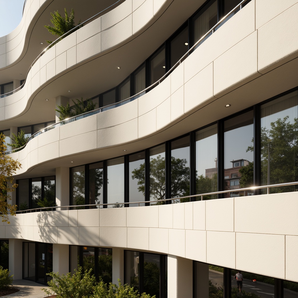 Prompt: Curved building facade, smooth rounded edges, horizontal lines, metallic materials, chrome accents, large glass windows, sliding doors, minimalist ornamentation, cream-colored walls, subtle texture patterns, urban cityscape, morning sunlight, soft gentle lighting, shallow depth of field, 1/1 composition, realistic reflections, ambient occlusion.