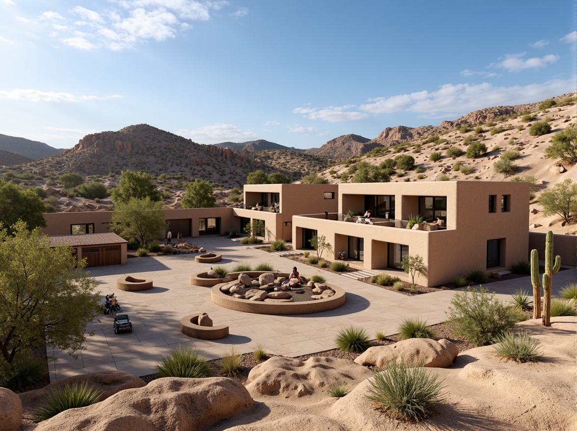 Prompt: Rustic canyon homes, sandstone exterior, earthy color palette, natural textures, organic forms, desert landscape, cacti plants, hot sunny day, clear blue sky, vast open space, modern southwestern architecture, sleek stone buildings, wooden accents, minimalist design, sustainable energy solutions, solar panels, water conservation systems, green roofs, eco-friendly materials, innovative cooling technologies, shaded outdoor spaces, misting systems, natural rock formations, layered stone walls, warm earthy ambiance, soft warm lighting, shallow depth of field, 3/4 composition, panoramic view, realistic textures, ambient occlusion.