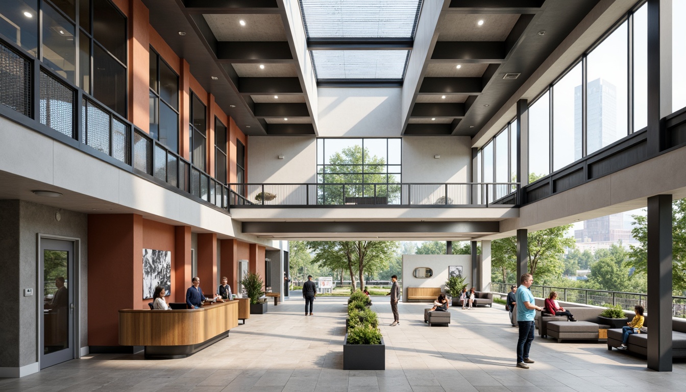 Prompt: Modern courthouse interior, open atrium, natural light, minimalist decor, clean lines, industrial materials, exposed ductwork, concrete floors, wooden accents, functional furniture, sleek metal railings, geometric patterns, vibrant colors, abstract artwork, large windows, urban views, busy atmosphere, soft box lighting, shallow depth of field, 2/3 composition, symmetrical framing, realistic textures, ambient occlusion.