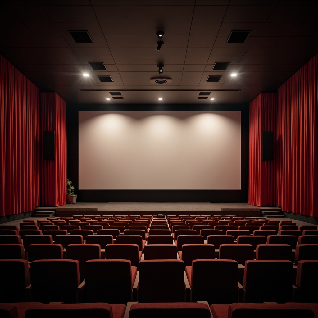 Prompt: Streamlined modern cinema, luxurious velvet curtains, sleek silver screens, high-contrast lighting, dramatic spotlights, soft warm glow, subtle color grading, cinematic framing, shallow depth of field, 2.39