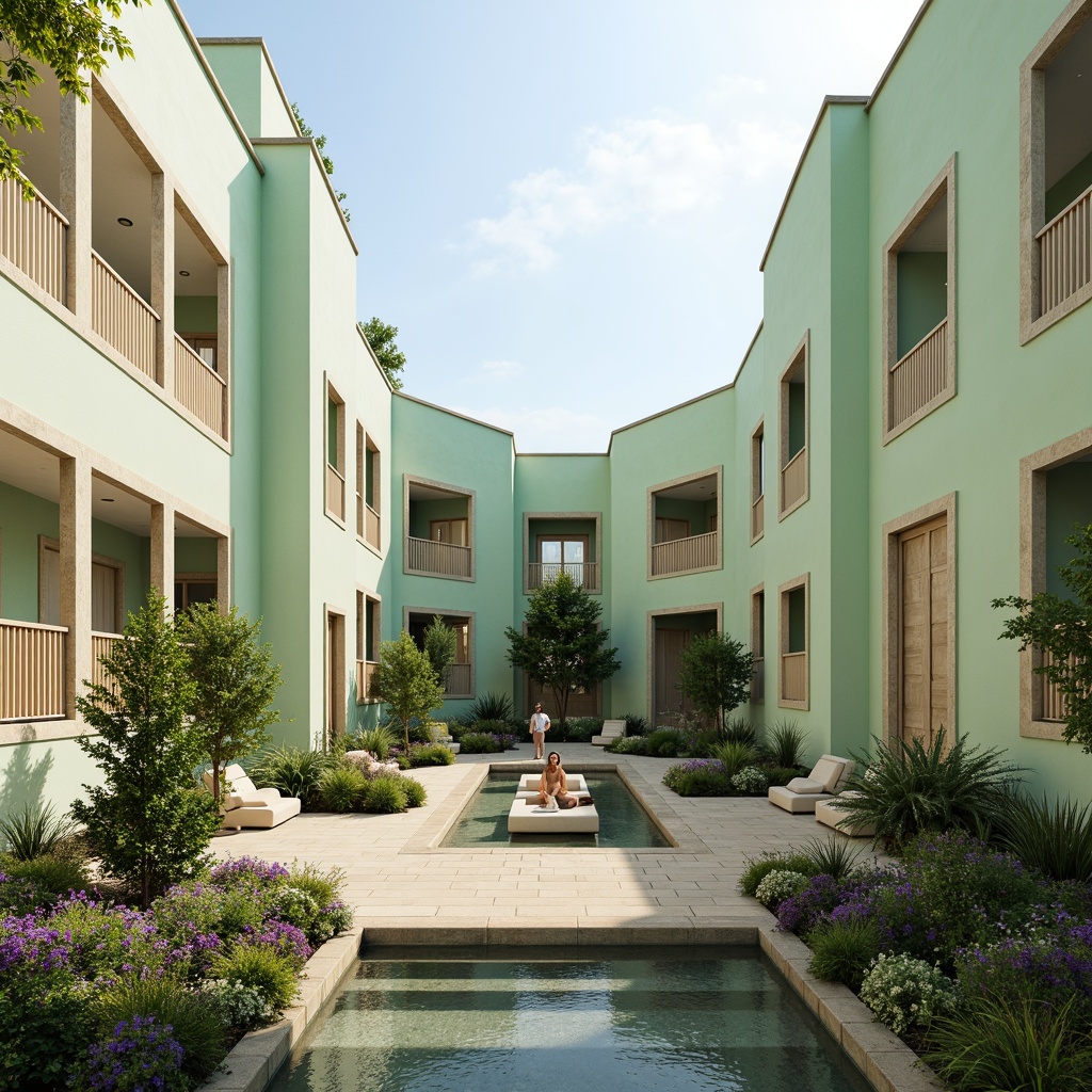 Prompt: Celadon-hued buildings, soft pastel facades, gentle curves, minimalist design, natural stone accents, creamy white trim, warm beige tones, subtle texture variations, elegant archways, serene courtyard spaces, lush greenery, vibrant flowers, tranquil water features, shallow reflecting pools, soft warm lighting, 1/1 composition, realistic textures, ambient occlusion.