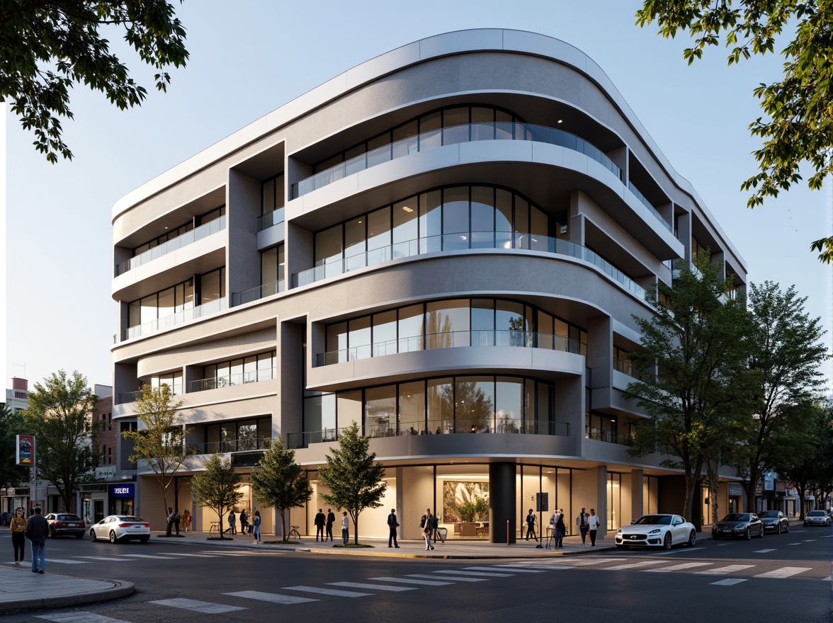 Prompt: Curved building facade, metallic materials, polished chrome accents, horizontal lines, rounded corners, minimalist ornamentation, large windows, sliding glass doors, cantilevered balconies, stepped massing, asymmetrical composition, urban cityscape, morning sunlight, soft shadows, 1/1 aspect ratio, shallow depth of field, cinematic lighting, realistic reflections.Let me know if you need any adjustments!