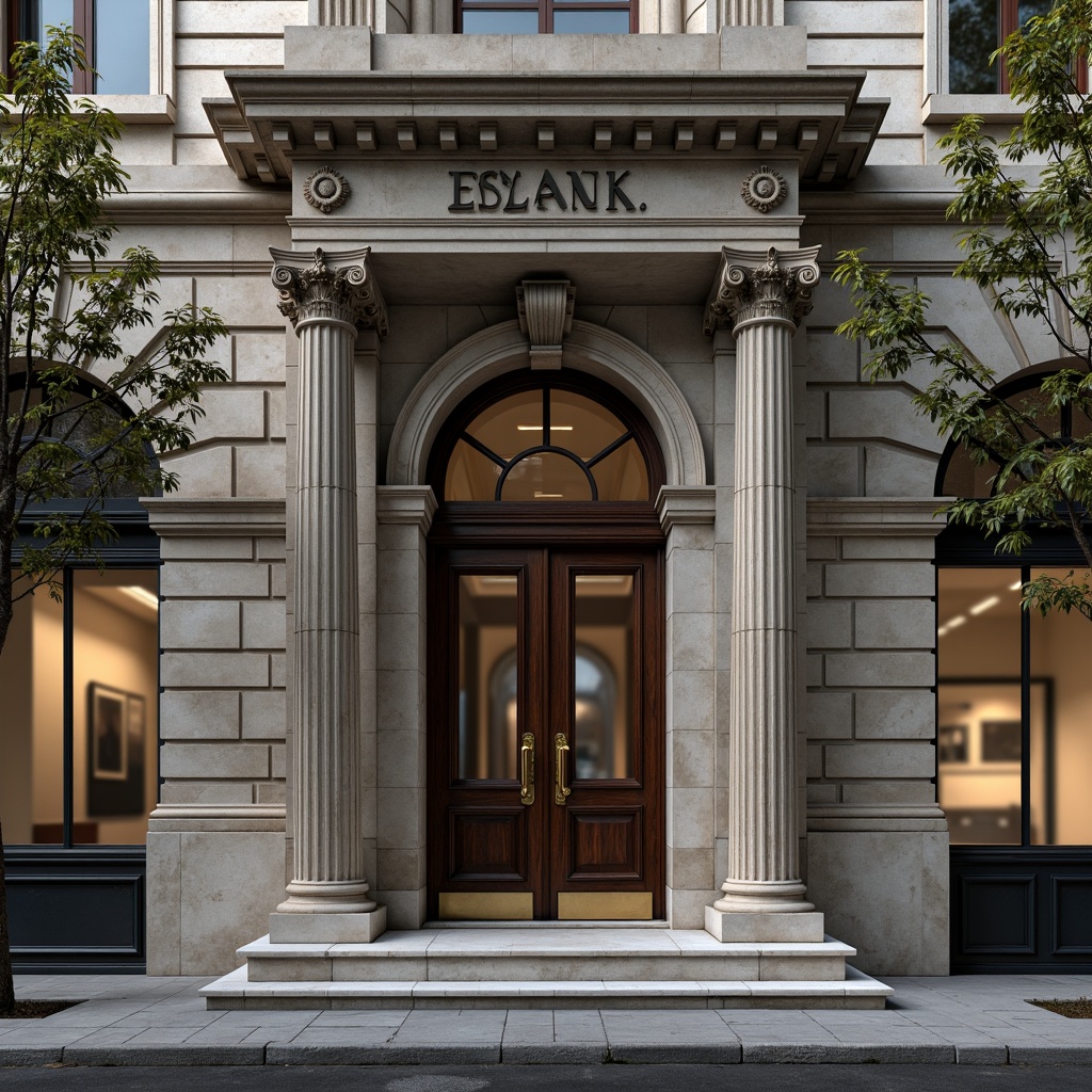 Prompt: Classical bank building, ornate facade, Corinthian columns, rusticated stone walls, grand entrance archway, intricate carvings, symmetrical composition, neoclassical architecture, elegant proportions, subtle color palette, limestone exterior, bronze door handles, decorative metalwork, subtle illumination, soft warm lighting, shallow depth of field, 3/4 composition, realistic textures, ambient occlusion.