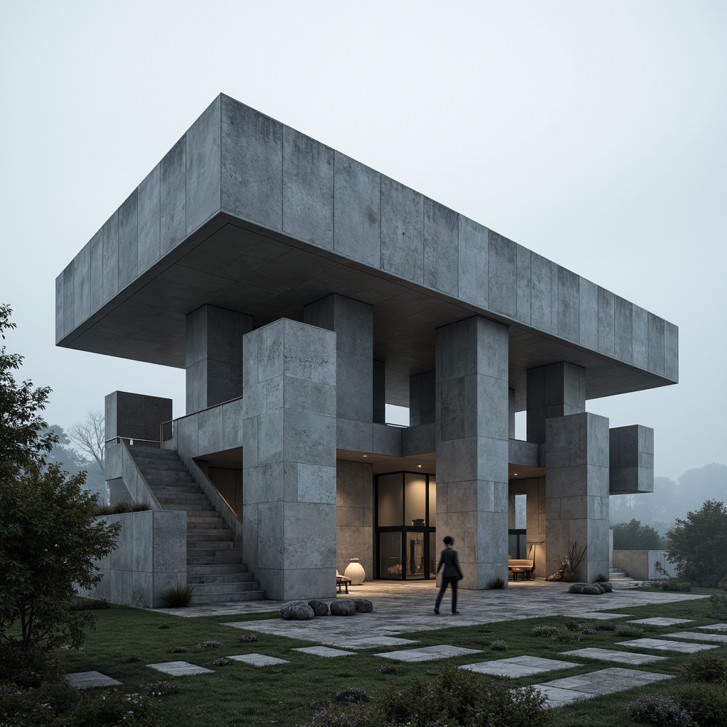 Prompt: Massive monolithic pavilion, brutalist architecture, raw concrete texture, fortress-like structure, imposing grandeur, dramatic cantilevers, bold geometric shapes, minimalist ornamentation, rugged stone walls, industrial-style lighting, overcast skies, atmospheric misting, cinematic wide-angle shot, 2.35