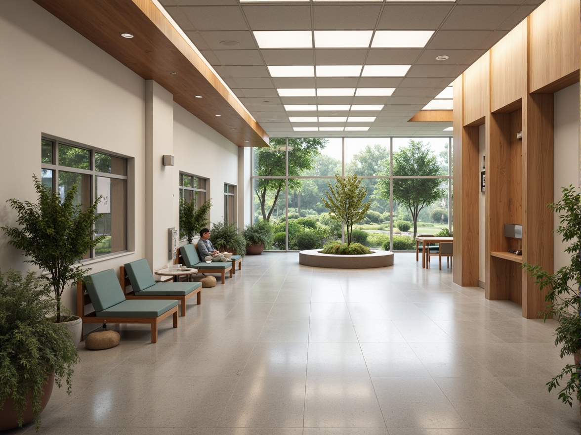 Prompt: Modern hospital interior, calming color schemes, natural wood accents, soft warm lighting, comfortable seating areas, minimalist decor, private patient rooms, large windows, scenic views, lush greenery, healing gardens, water features, soothing soundscapes, ergonomic furniture, wheelchair accessibility, advanced medical equipment, sanitation stations, intuitive wayfinding systems, circular nurse stations, collaborative workspaces, quiet zones, noise reduction materials, adaptive lighting controls, 1/1 composition, realistic textures, ambient occlusion.