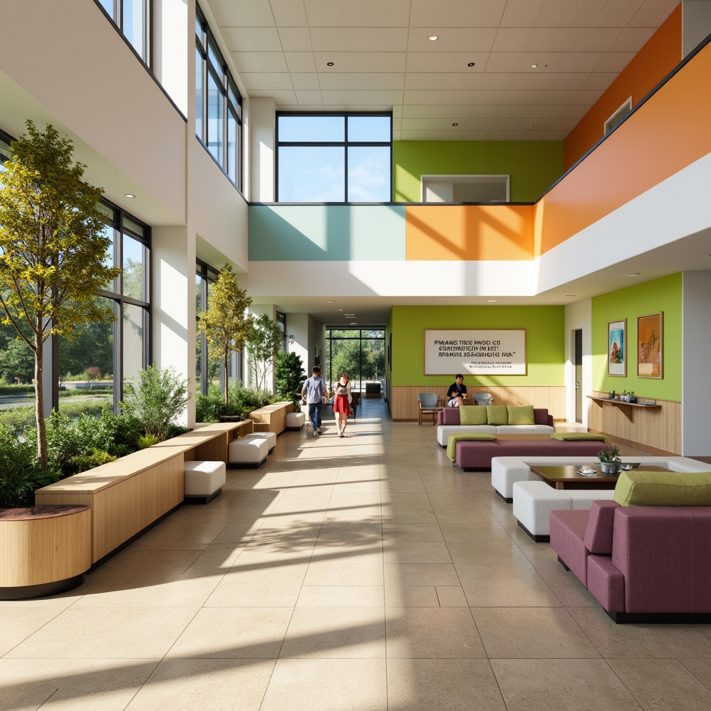 Prompt: Vibrant rehabilitation center, calming color schemes, soothing pastel hues, natural wood accents, comfortable seating areas, warm beige floors, gentle ambient lighting, large windows with outdoor views, lush greenery, modern minimalist architecture, clean lines, simple shapes, uplifting artwork, motivational quotes, inspiring patient stories, peaceful aquariums, sensory stimulation zones, adaptive technology integration, ergonomic furniture, soft cushioning, acoustic comfort, calming water features, serene outdoor spaces, shaded areas, accessible pathways.