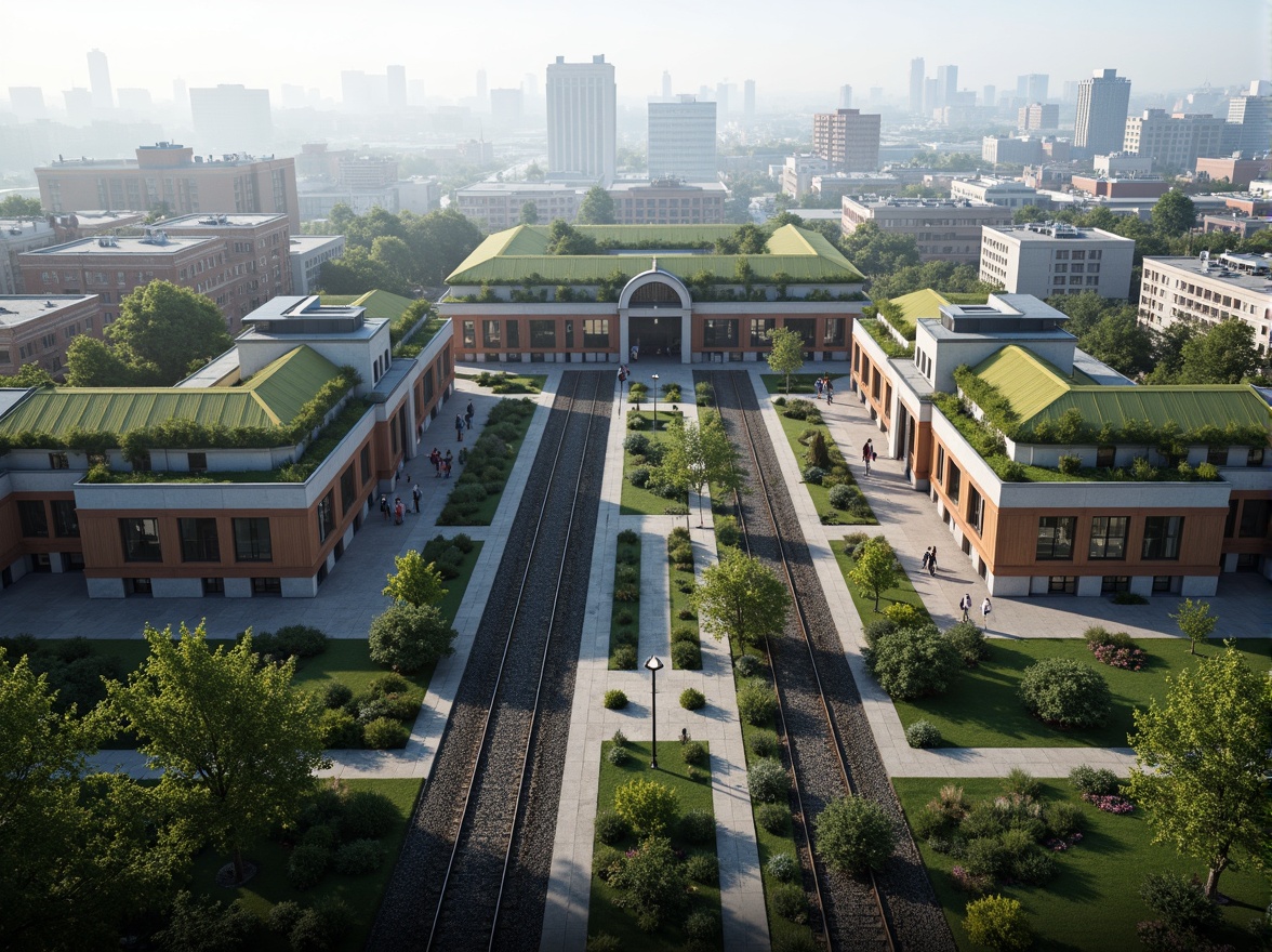 Prompt: Grand train station, regionalist architecture, verdant green roofs, lush vegetation, natural stone walls, wooden accents, scenic pedestrian bridges, urban plaza, bustling cityscape, modern streetlights, misty morning atmosphere, soft diffused lighting, shallow depth of field, 1/1 composition, symmetrical framing, realistic textures, ambient occlusion.