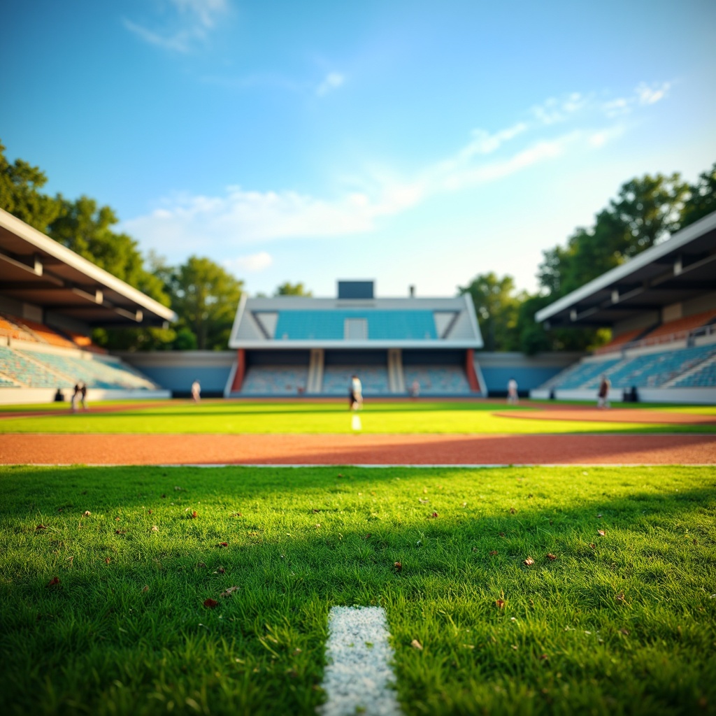 Prompt: Vibrant sports field, lush green grass, bright white lines, bold colored markings, athletic track lanes, soccer goalposts, tennis court nets, baseball diamond shapes, football field yard lines, natural earth tones, sun-kissed daytime, clear blue skies, soft warm lighting, shallow depth of field, 3/4 composition, panoramic view, realistic textures, ambient occlusion.