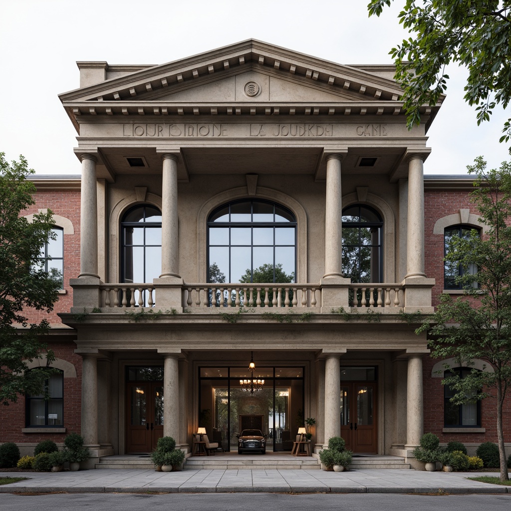 Prompt: Industrial factory building, neoclassical facade design, ornate details, grand entrance, columns and pilasters, rusticated base, symmetrical composition, balanced proportions, large windows, metal frames, industrial textures, brick or stone cladding, subtle color palette, soft natural lighting, shallow depth of field, 2/3 composition, slightly overcast day, realistic materials, ambient occlusion.