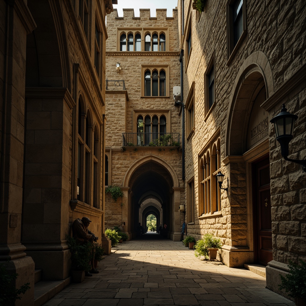 Prompt: Rustic stone walls, ornate carvings, pointed arches, ribbed vaults, flying buttresses, grand cathedrals, mysterious cloisters, intricate gargoyles, weathered stone statues, moss-covered facades, dark mystical atmosphere, warm golden lighting, high contrast shadows, dramatic composition, atmospheric perspective, realistic stone textures, subtle ambient occlusion.