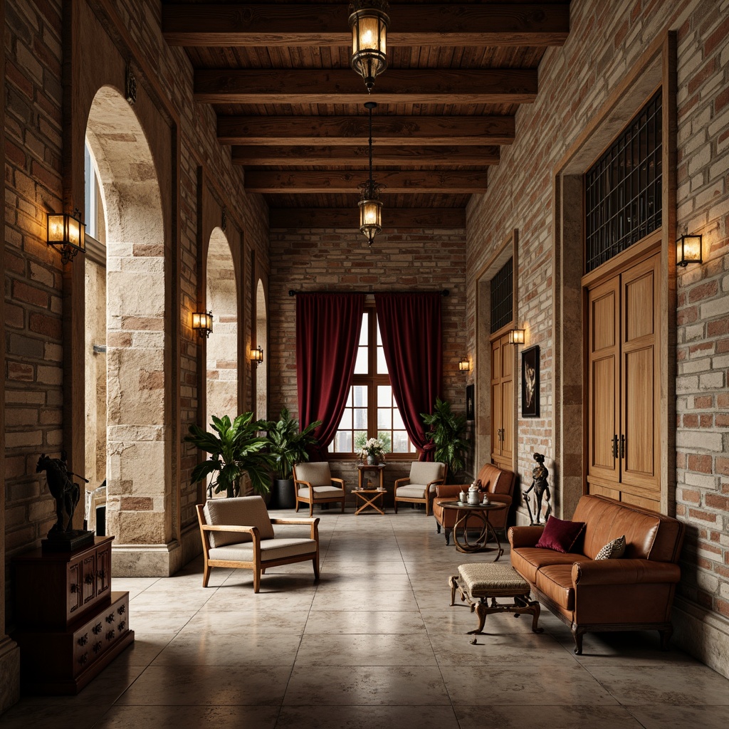 Prompt: Weathered stone fa\u00e7ade, rustic brick walls, ornate wooden doors, intricate carvings, classic columns, grand archways, polished marble floors, rich velvet drapes, antique furniture pieces, vintage metallic fixtures, distressed leather upholstery, warm golden lighting, soft focus blur, 1/1 composition, symmetrical framing, subtle texture overlays, atmospheric misting.