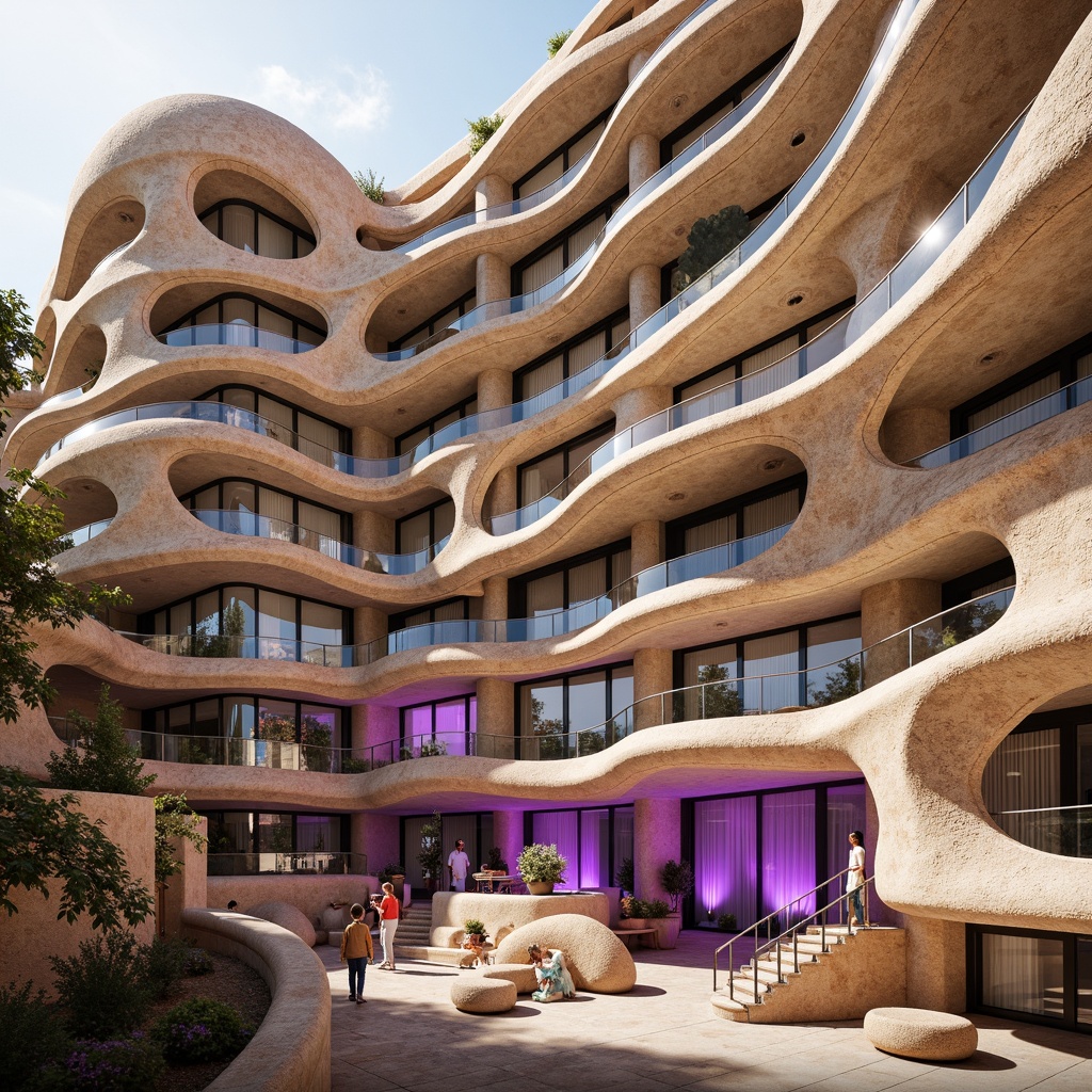 Prompt: Intricate sandstone facade, lilac accents, futuristic experimental architecture, undulating curves, geometric patterns, cantilevered structures, irregular shapes, dynamic lighting, warm beige tones, natural stone textures, metallic details, sleek glass railings, atmospheric misting systems, vibrant purple hues, ambient occlusion, shallow depth of field, 3/4 composition, panoramic view, realistic render.