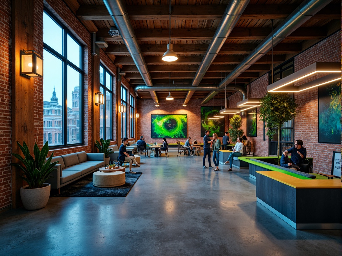 Prompt: Vibrant urban loft, exposed brick walls, polished concrete floors, industrial metal beams, sleek glass railings, modern minimalist decor, bold abstract artwork, neon color accents, deep blue and green hues, warm golden lighting, shallow depth of field, 1/1 composition, soft focus effect, realistic textures, ambient occlusion.