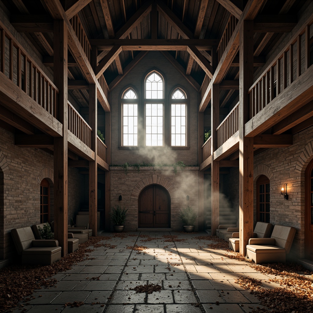 Prompt: Rustic barn, pointed arch windows, steeply pitched roofs, wooden trusses, exposed beams, stone foundations, worn brick walls, distressed wood textures, vintage metal accents, ornate ironwork, lancet windows, ribbed vaults, flying buttresses, grand entranceways, dramatic interior spaces, warm soft lighting, high contrast shadows, atmospheric fog effects, cinematic composition, symmetrical framing.