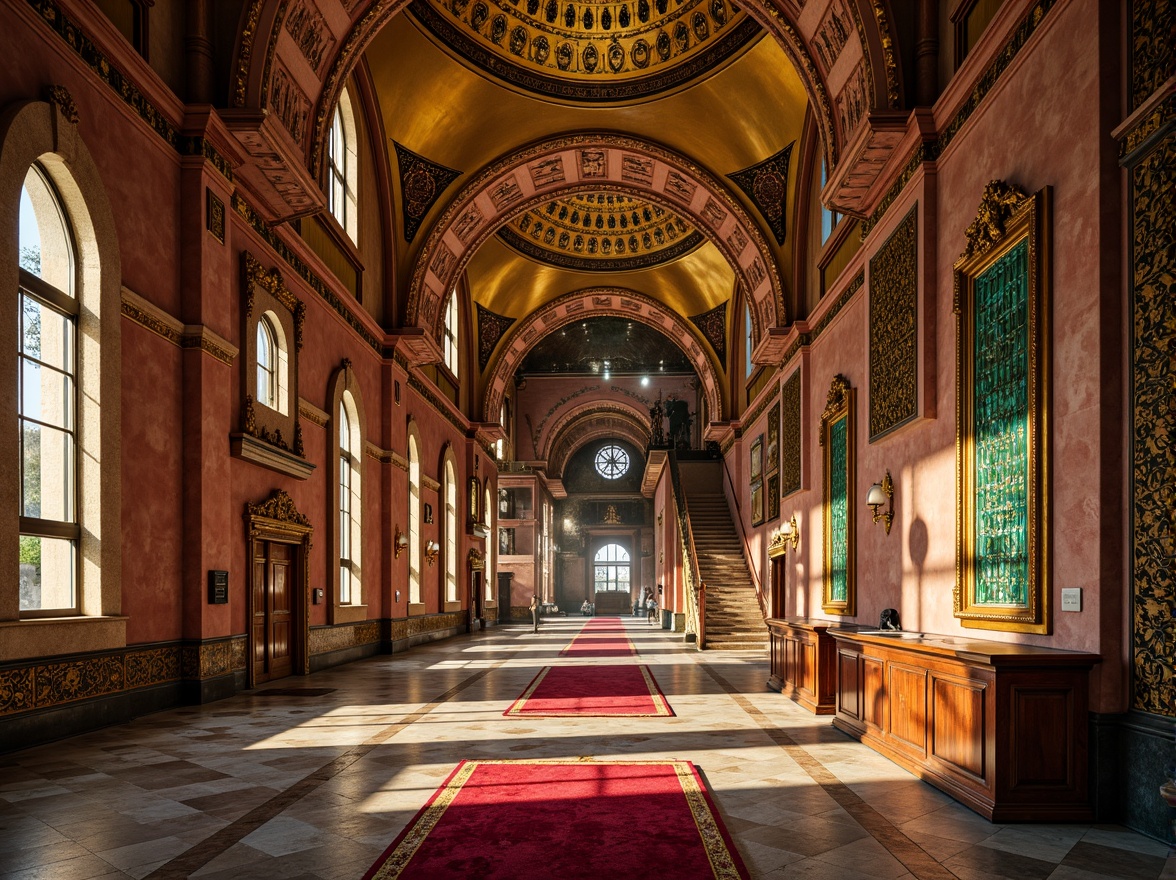 Prompt: Rich Byzantine architecture, ornate golden domes, intricate mosaics, warm terracotta hues, deep crimson reds, luxurious emerald greens, vibrant turquoise accents, creamy marble textures, lavish velvet fabrics, ornamental bronze details, mystical apse compositions, dramatic chiaroscuro lighting, warm golden hour ambiance, soft focus, shallow depth of field.