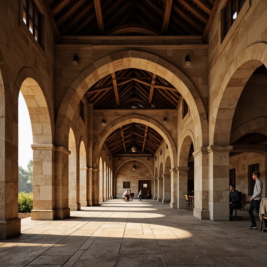 Prompt: Grand arches, ornate details, Byzantine influences, rustic barn structures, earthy tones, natural stone walls, wooden beams, vaulted ceilings, dramatic lighting, warm ambient occlusion, 1/1 composition, realistic textures, shallow depth of field, panoramic view.