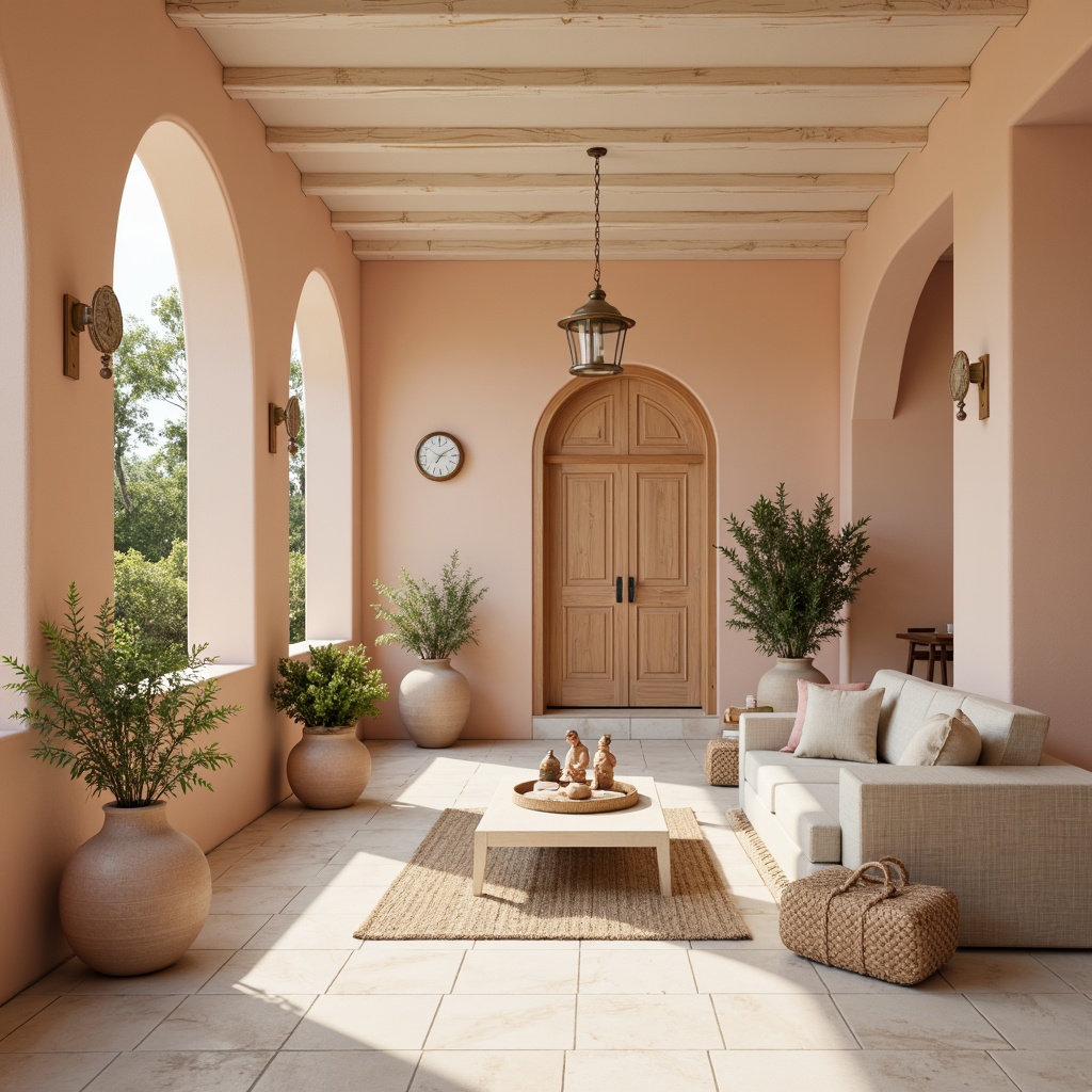 Prompt: Soft peach walls, calming beige floors, creamy white ceilings, warm wooden accents, gentle mint greenery, soothing lavender tones, subtle golden lighting, delicate ceramic vases, ornate metal fixtures, elegant glass decor, natural linen textiles, earthy terracotta pots, serene ambient atmosphere, shallow depth of field, 1/1 composition, realistic textures, soft focus effect.