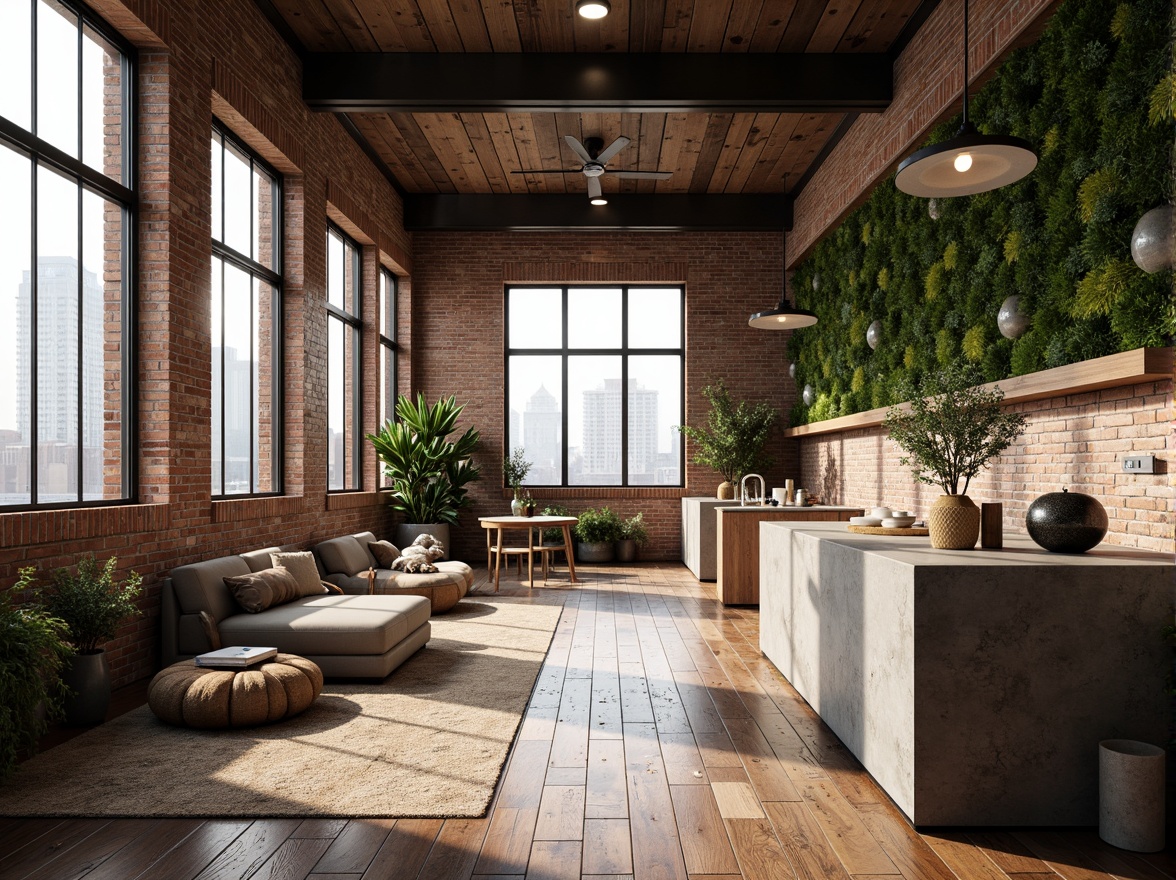 Prompt: Industrial chic loft, exposed brick walls, reclaimed wooden floors, metal beams, urban skyline views, natural stone countertops, living green walls, potted plants, minimalist decor, neutral color palette, soft warm lighting, shallow depth of field, 3/4 composition, panoramic view, realistic textures, ambient occlusion, fusion of modern and rustic elements, earthy tones, organic shapes, woven textiles, natural fibers, eco-friendly materials.