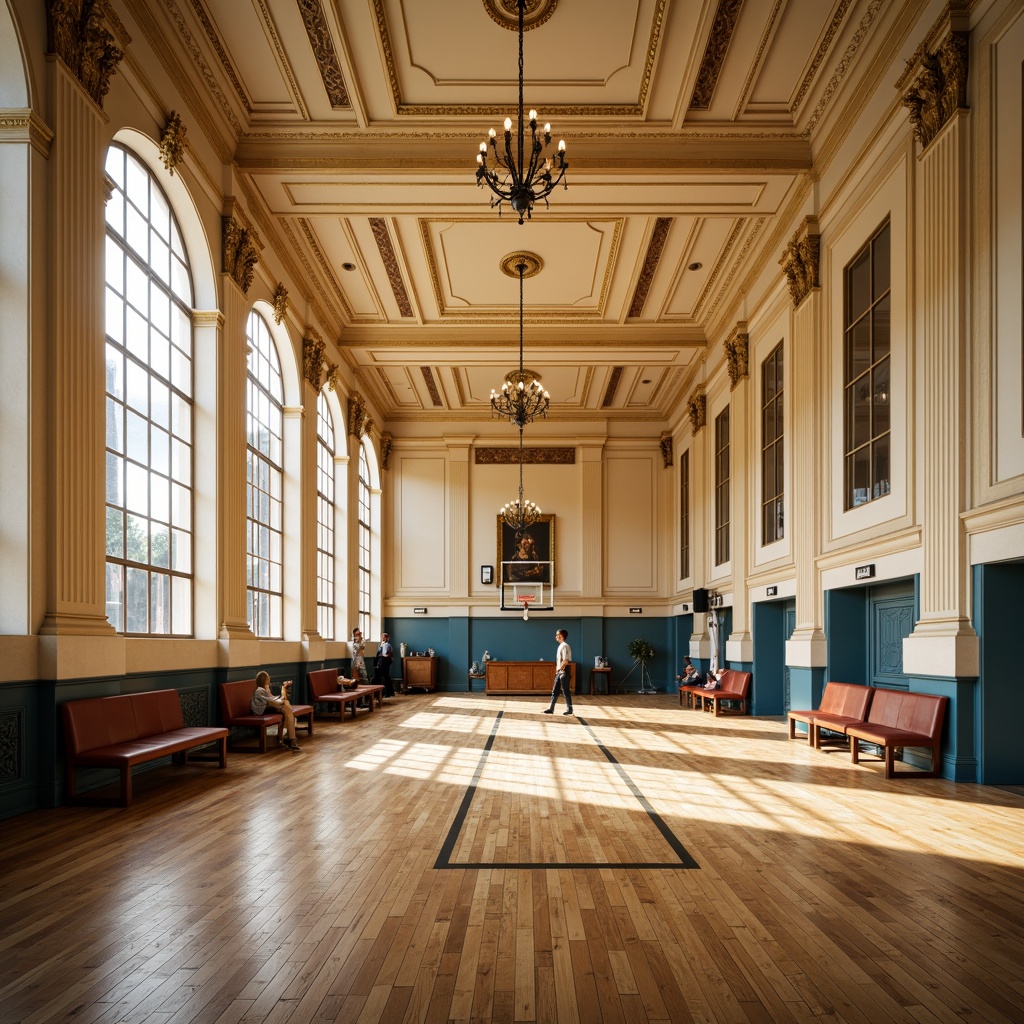 Prompt: Elegant gymnasium interior, neoclassical architecture style, warm beige walls, rich wooden floors, cream-colored columns, ornate golden details, subtle blue accents, natural light pouring in, large windows, high ceilings, grand chandeliers, classic athletic equipment, vintage-inspired sports posters, distressed leather benches, nostalgic trophy cases, soft warm lighting, shallow depth of field, 1/1 composition, realistic textures, ambient occlusion.