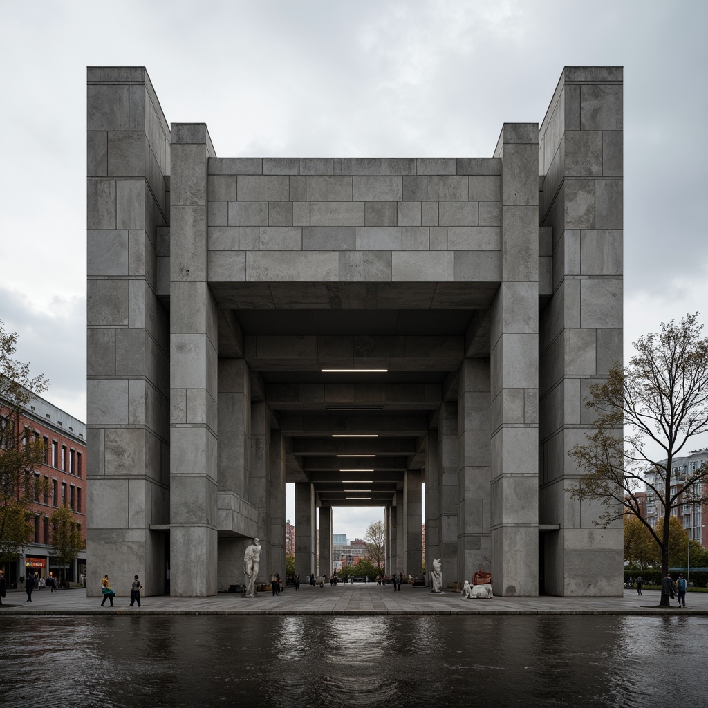 Prompt: Monumental pavilion, brutalist architecture, bold concrete structures, rugged textures, dramatic contrast, harsh light and shadow, geometric shapes, fortress-like fa\u00e7ade, abstract sculptures, industrial materials, exposed ductwork, raw unfinished surfaces, urban landscape, cityscape backdrop, overcast sky, high-contrast lighting, deep shadows, 1/1 composition, low-angle shot, gritty realistic textures, ambient occlusion.