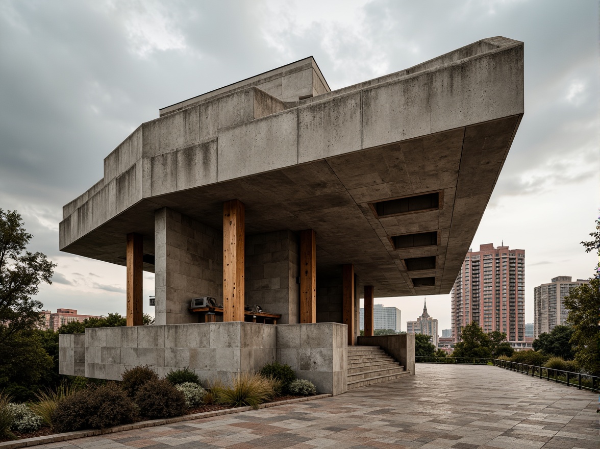 Prompt: Rugged pavilion, brutalist architecture, raw concrete textures, exposed ductwork, industrial metal beams, reclaimed wood accents, earthy tone color palette, natural stone flooring, geometric patterned tiles, cantilevered rooflines, dramatic overhangs, bold angular forms, monumental scale, urban cityscape backdrop, moody cloudy sky, soft warm lighting, shallow depth of field, 1/1 composition, realistic material rendering, ambient occlusion.