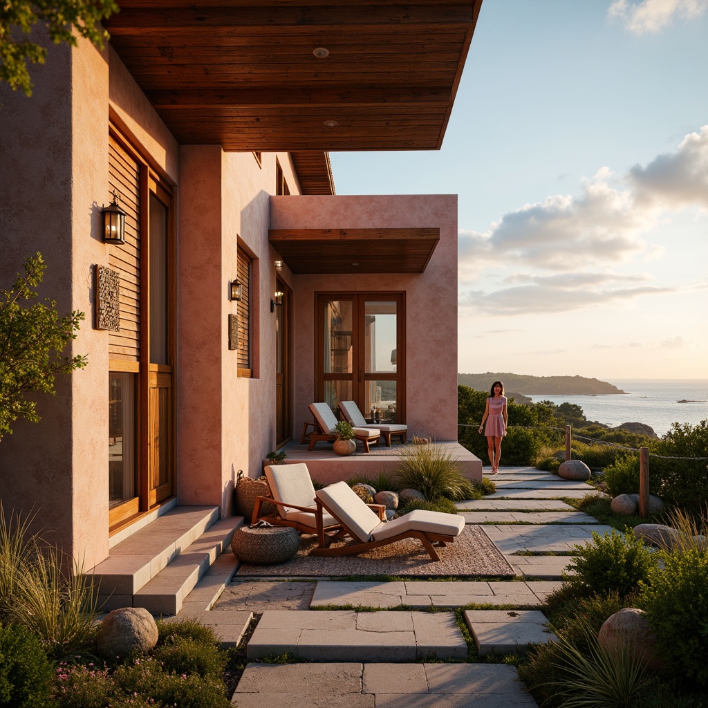 Prompt: Warm beachside villa, soft peach exterior walls, rustic wooden accents, natural stone pathways, lush greenery, driftwood decorations, nautical rope details, vintage lanterns, distressed finishes, calming ocean views, serene sunset scenes, gentle sea breeze, warm golden lighting, shallow depth of field, 1/1 composition, realistic textures, ambient occlusion.